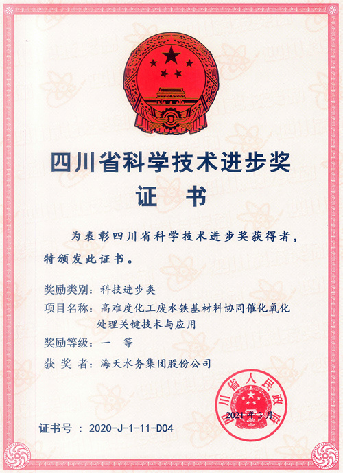 四川省科学技术进步奖-项目名称高难度化工废水铁基材料协同催化氧化处理关键技术与应用一等获奖者4008云顶集团